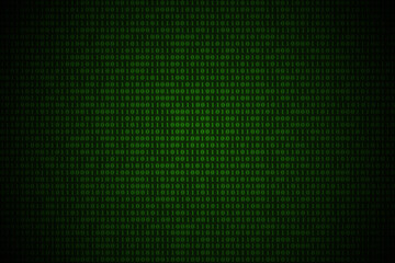 Green matrix background of binary numbers. Matrix of computer data. Glowing green and blue one and...