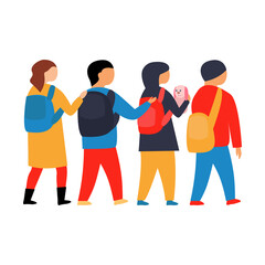 Obraz premium flat vector illustration with refugee children dressed in yellow and blue clothes who immigrate from a country where there is a war. social crisis. The struggle for democracy and freedom in Ukraine.