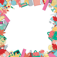 Frame made of colored stationery and school supplies on a white background. For posters and announcements. School supplies. Ready for school stuff. Back to school. Vector illustration
