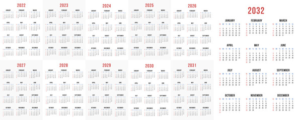 One page calendar template set for 2022, 2023, 2024, 2025, 2026, 2027, 2028, 2029, 2030, 2031, 2032 years. 12 months vector simple calendar card design collection. Week Starts on Sunday.