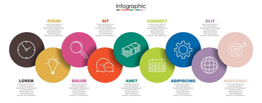 Vector infographic template with nine steps or options. Illustration presentation with thin line elements icons.  Business concept graphic design can be used for web, paper brochure, diagram