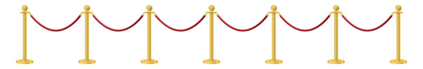 Retractable belt rack. Portable tape barrier. Red carpet with red ropes on golden stanchions. Exclusive event, movie premiere, gala, ceremony, awards concept. Vector