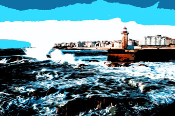 Fototapeta na wymiar Illustration. The waves of the Atlantic Ocean crash against the rocks at sunset by the lighthouse