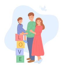 Young family kid together, flat style. Happy parents standing next to their little daughter, who is sitting on cubbies. Family values. Peace. Cute vector illustration, isolated on white background.