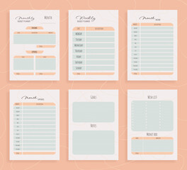 Monthly, weekly, daily budget planner. Organizer financial templates set. Wishlist for shops. Checklists, important date and notes. 