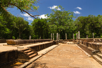 Fototapeta na wymiar Ruins of dining hall for buddhist monks, Anuradhapura, Sri Lanka