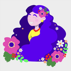 spring girl in vyshyvanka and with flowers in her hair flat vector illustration