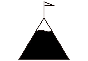 Icono negro de montaña con bandera de objetivo. 