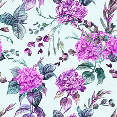 Vintage pink hydrangeas flowers drawn in pencil and watercolor on a light background in a seamless pattern for textile and surface design. Botanical summer motif for women's and children's clothing
