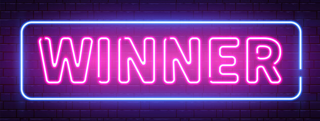 Winner neon text banner on brick wall. Win prize background. Questions team game. Quiz night poster. Pub neon signboard. Night bright advertising. Lottery game. Casino frame. Vector illustration