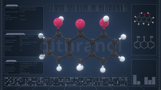 Dithranol molecule with description on the computer screen, loopable 3d animation