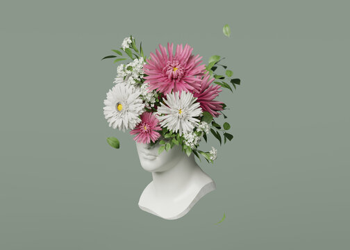 3D Ancient Woman Statue. Greek, Roman Goodness. Bust Sculpture  With Pink And White Flowers Bouquet On Green Background. Nature Feminine Beauty Abstract 3D Render. Spring, Summer Render Illustration