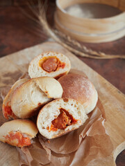 several scrumptious bread buns stuffed with chorizo. A typical traditional spanish food from the...