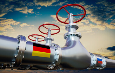 Gas pipeline, flags of Germany and Russia - 3D illustration - obrazy, fototapety, plakaty