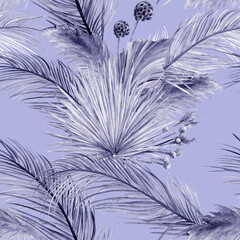 Watercolor seamless pattern with dry palm leaves herbarium. Summer monochrome motif in purple shades in boho style for textiles and surface design