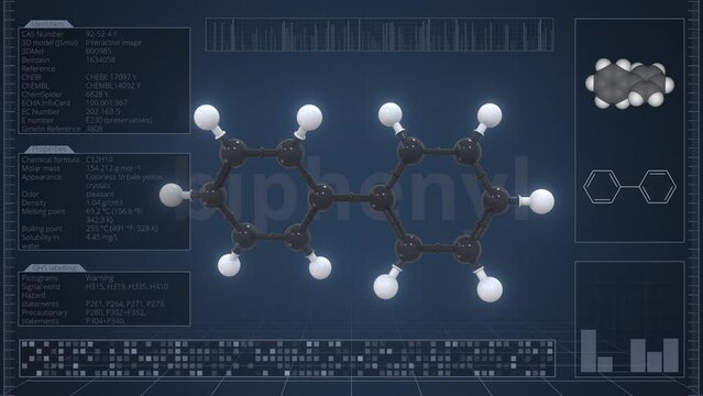 Overview of the molecule of biphenyl on the computer screen. Loopable 3d animation