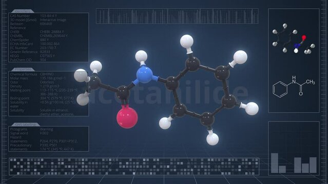 Acetanilide molecule with description on the computer screen, loopable 3d animation