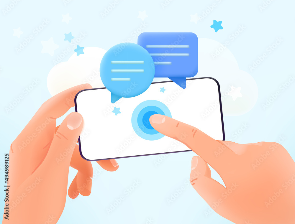 Poster Chatting via modern smartphone. Hands holding smartphone and tapping on the screen. 3d vector