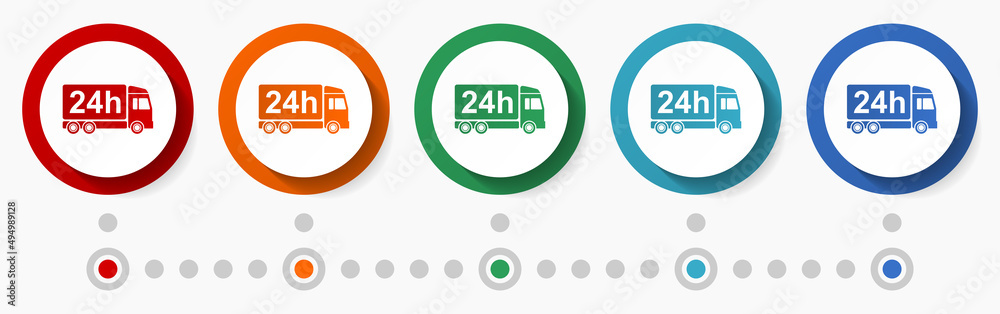 Aufkleber 24h delivery concept vector icon set, flat design colorful buttons, infographic template in 5 color 