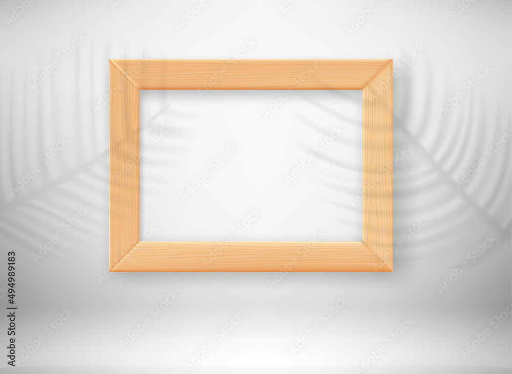 Poster empty wood frame in interior with palm leaves shadows. 3d vector template for design