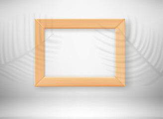 Empty wood frame in interior with palm leaves shadows. 3d vector template for design
