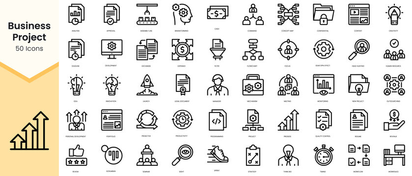Set of business project icons. Simple line art style icons pack. Vector illustration
