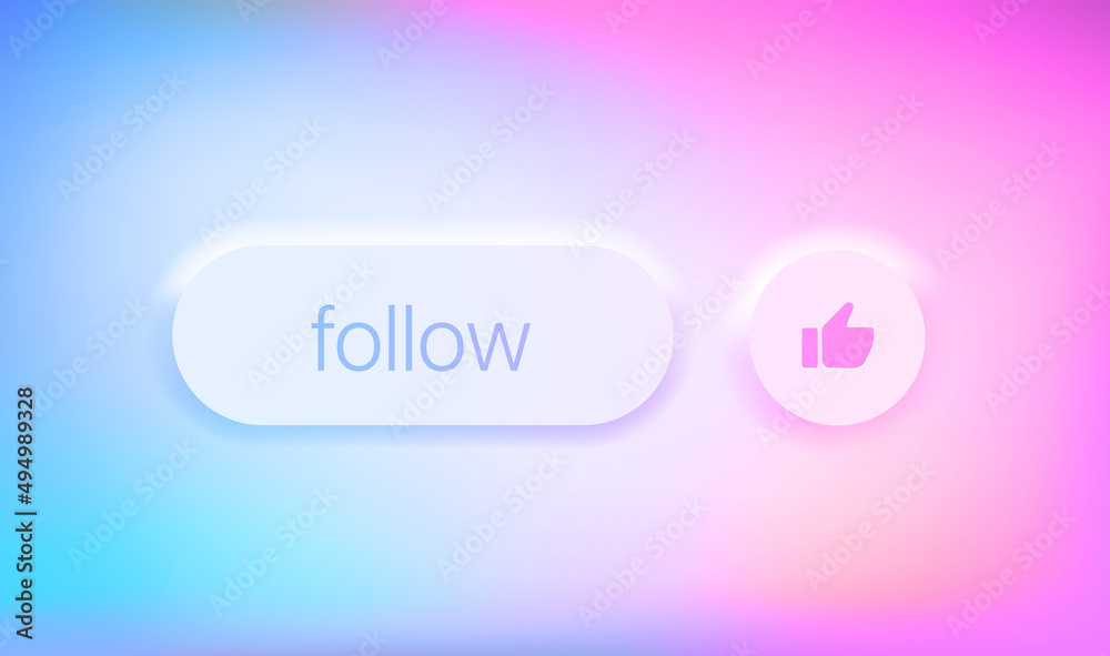 Poster follow button interface button with thumbs up. 3d vector illustration with holographic effect