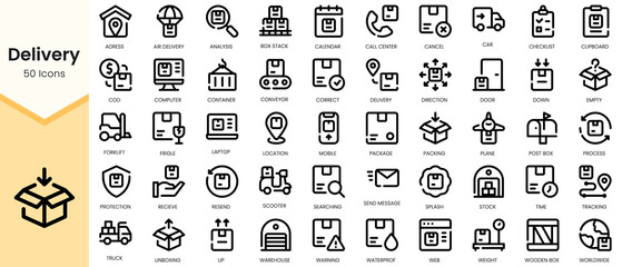 Set of delivery icons. Simple line art style icons pack. Vector illustration