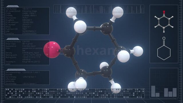 Cyclohexanone molecule with description on the computer screen, loopable 3d animation