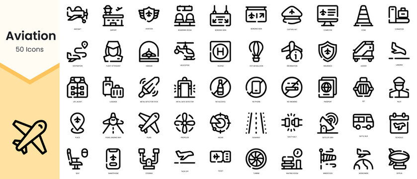Set of aviation icons. Simple line art style icons pack. Vector illustration