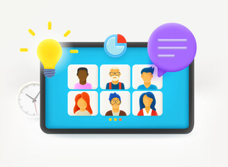 Using modern tablet computer for online video conference. Teamwork concept. 3d vector illustration