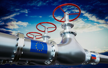 Gas pipeline, flags of European Union and Russia - 3D illustration - obrazy, fototapety, plakaty