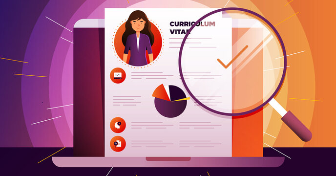 Ilustraci&oacute;n de el curriculum vitae de una profesionista, visto desde una laptop. 
