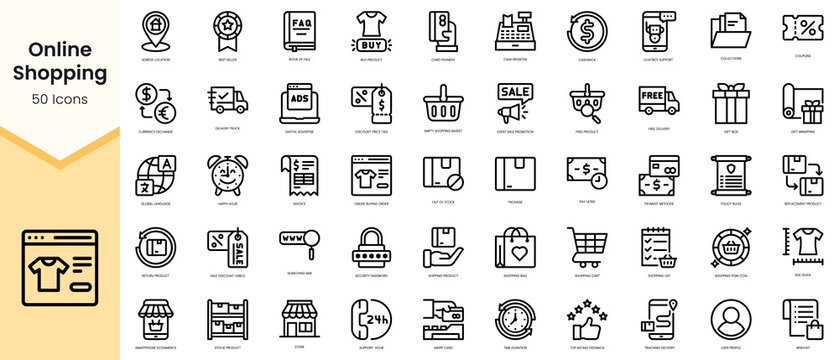 Set of online shopping icons. Simple line art style icons pack. Vector illustration