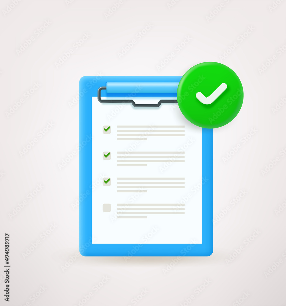 Poster Paper with check list with green checkmark. 3d vector icon