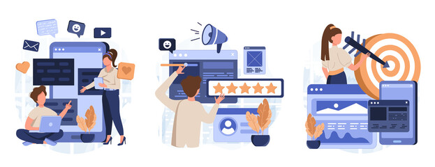 Customer behavior analysis abstract concept vector illustration set. Data driven marketing, user feedback and website rating, online survey, user data, marketing research tool abstract metaphor.