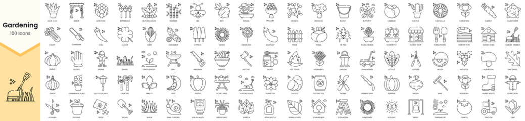 Set of gardening and plantation icons. Simple line art style icons pack. Vector illustration