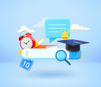 Schooll concept with searching tab.Online education concept. 3d vector illustration
