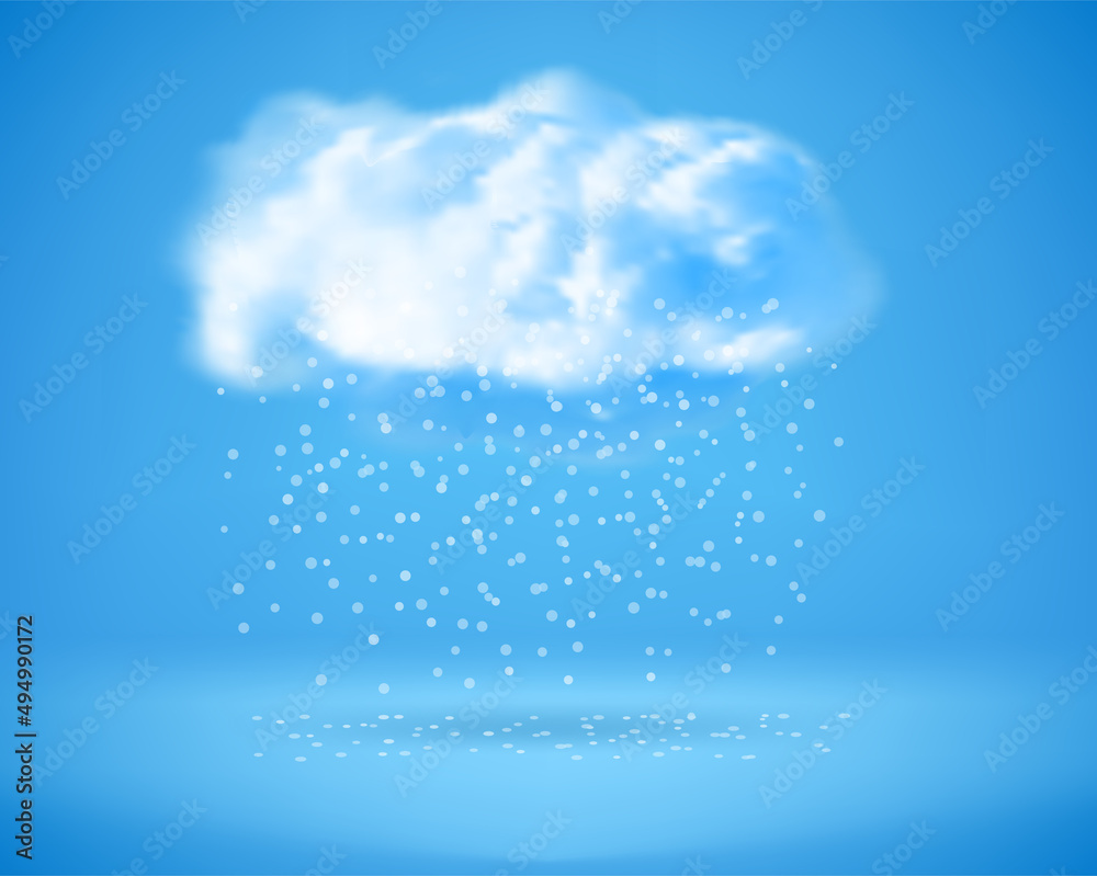 Poster snowfall fallind down from the cloud on blue background. 3d vector illustration