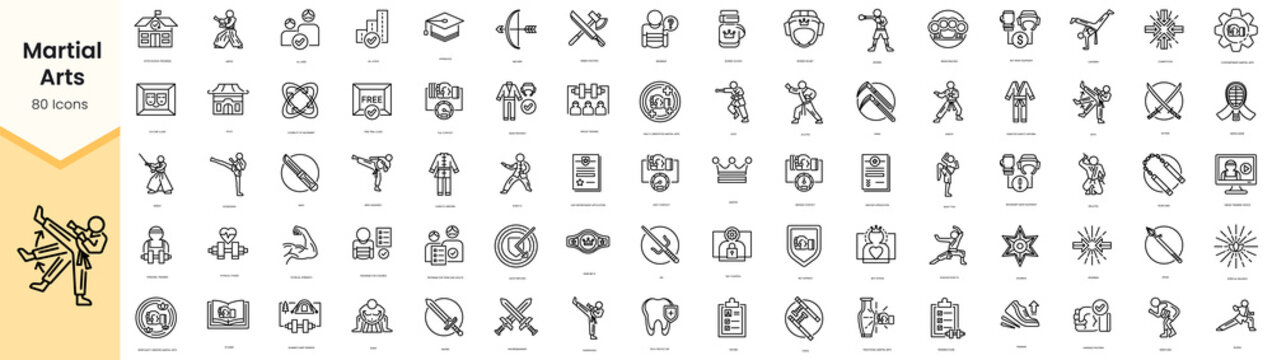 Set of martial arts icons. Simple line art style icons pack. Vector illustration