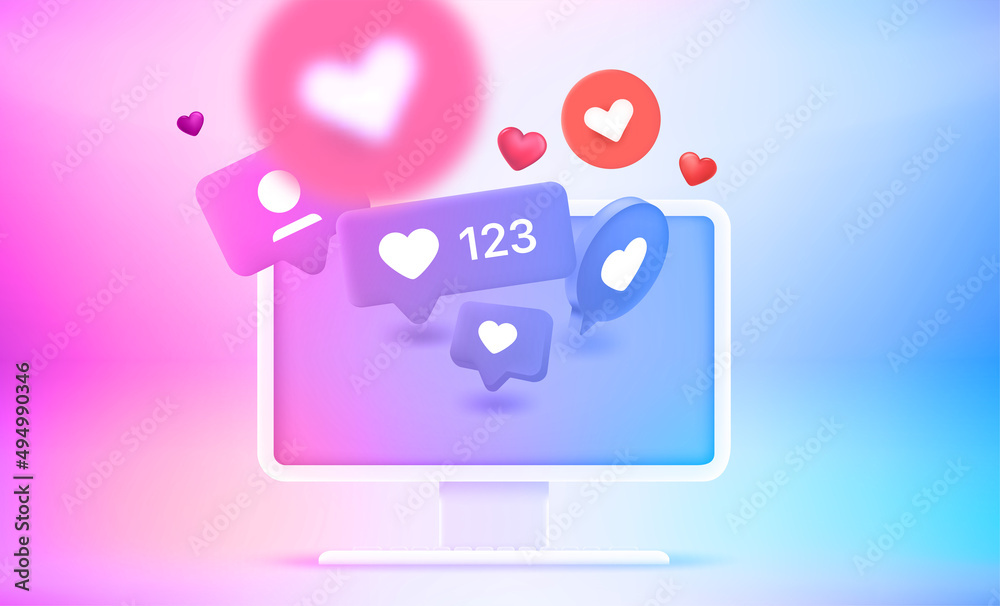Poster social media notification bubbles flying to the screen of modern computer. 3d vector illustration