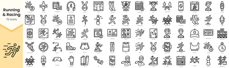 Set of running and racing icons. Simple line art style icons pack. Vector illustration