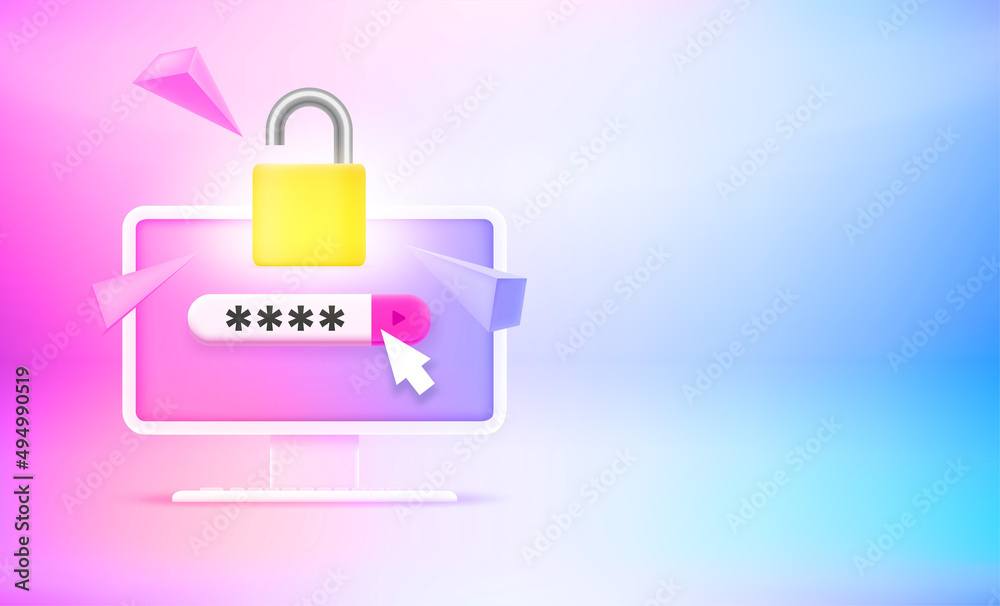 Poster Inputting password to unlock the computer. 3d vector banner with copy space