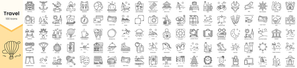 Set of travel color icons. Simple line art style icons pack. Vector illustration