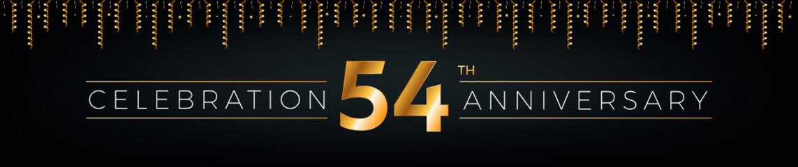 Fototapeta na wymiar 54th anniversary. Fifty-four years birthday celebration horizontal banner with bright golden color.
