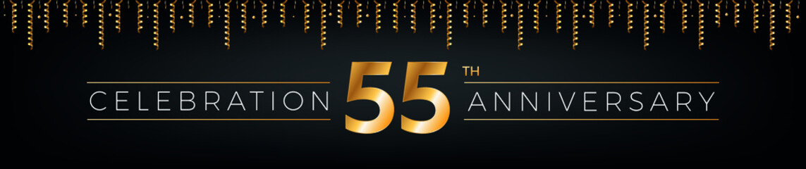 Fototapeta na wymiar 55th anniversary. Fifty-five years birthday celebration horizontal banner with bright golden color.