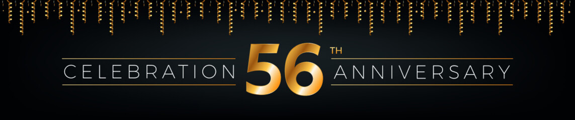 Fototapeta na wymiar 56th anniversary. Fifty-six years birthday celebration horizontal banner with bright golden color.