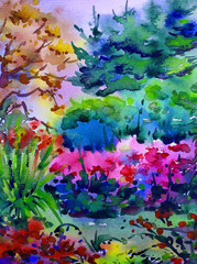 Watercolor colorful bright textured abstract background handmade . Mediterranean landscape . Painting of architecture and vegetation of the sea coast , made in the technique of watercolors from nature
