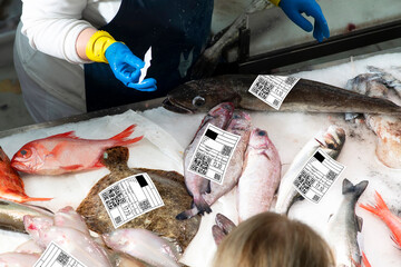 fishing supermarket and  fishes with labels with qr code  to show information on origin, type,...