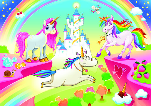 Rainbow  3 Unicorn in a Fantasy with traditional themes